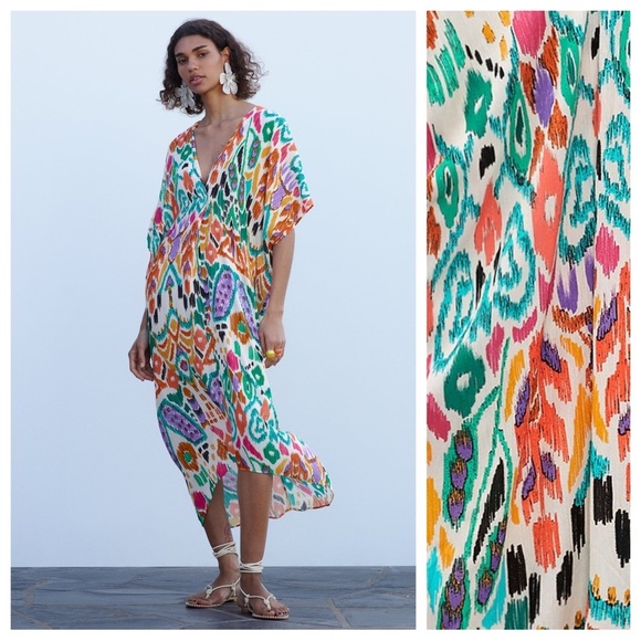NWOT. Zara Multicolored Printed Tunic Midi Dress. Size XS. - Picture 1 of 10